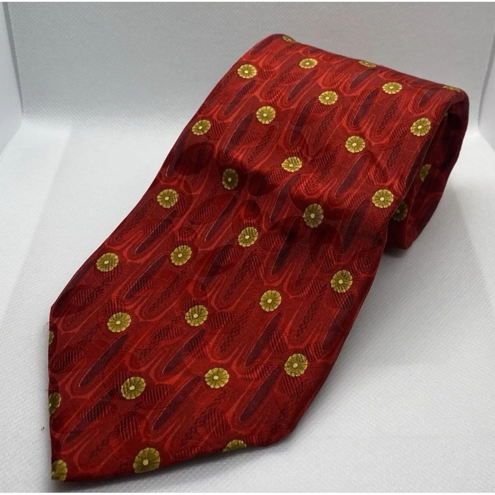 Ermenegildo‎ Zegna Men's 100% Silk Neck Tie Red Gold Flower Medallion Dot Office